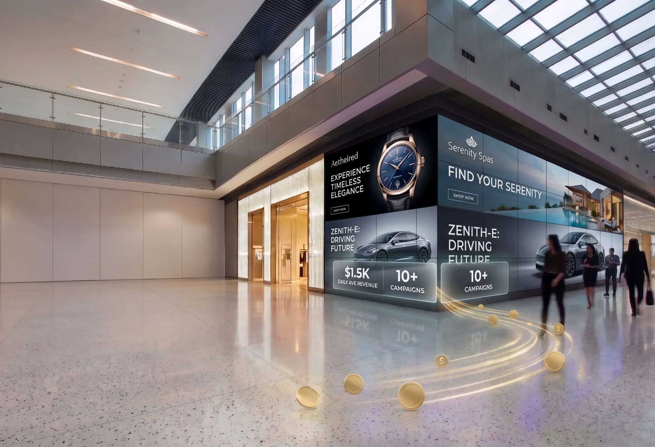 Digital signage screens running ad campaigns and showing daily revenue in a premium indoor venue